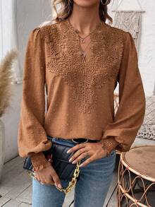 EMERY ROSE Áo cánh dài tay thêu họa tiết trang trí cổ áo kiểu đèn lồng thanh lịch thường ngày cho nữ - Màu Khaki - Xem 7