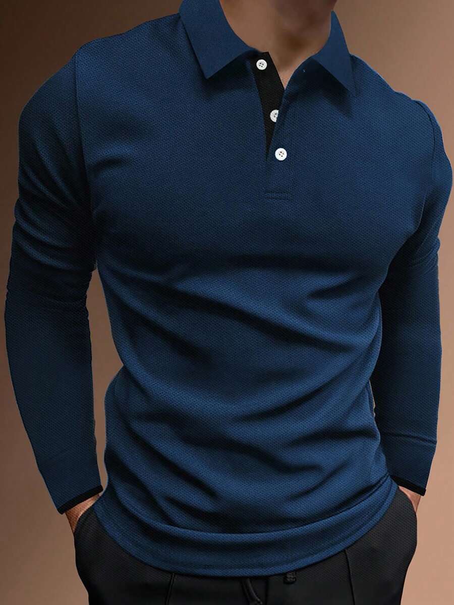 Manfinity Homme 男士海軍藍長袖 Polo 衫,純色鈕扣休閒百搭秋季商務休閒辦公 Polo 衫,適合秋季,正式場合 - 藏蓝色 - 查看 1
