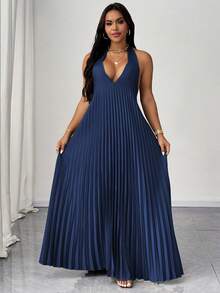 Maweii Vestido de satén plisado con lazo, elegante y sexy para vacaciones de verano, talla grande - Azul Marino - Ver 5