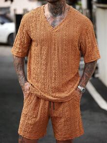 Manfinity Homme Men's Knitted Textured Jacquard Solid Color T-Shirt And Shorts Set