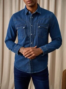 RivetRise Herrlångärmad, avslappnad gatustil, ficklock, blå denimskjorta, tvättad blå topp för pojkvän och make, höst - Mediumtvätt - Visa 4