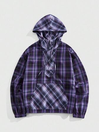 Prep Sudadera casual con capucha, bolsillo y cordón para hombre, de manga larga y diseño a cuadros