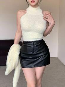 DAZY 2 件套女士毛绒高领吊带背心和开衫套装，性感修身秋冬 - 米色 - 查看 3