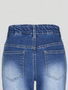 青少年女孩 Y2K 风格牛仔裤，做旧蓝色水洗，弹性紧身喇叭腿休闲裤，适合日常穿着 - 中等水洗藍 - 查看 5