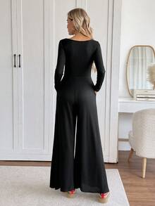 Easowa 2 件套：方领贴袋修身阔腿连体裤休闲宽松优雅办公室女士裤套装 - 黑色 - 查看 2