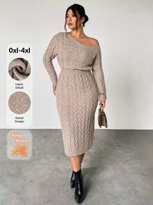 Firerie Große Größen Herbst/Winter Neue Mode Rundhals Sexy schräge Schulter Off-Shoulder Zopfstrick Pulloverkleid