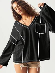 Bohemela 大码豹纹V领休闲长袖T恤