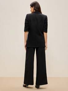 BizChic 2025 Autumn/Winter New Black Shawl Neck Blazer With Lace Waist Inset & Wide Leg Pants Suit, 2 Pieces Set, Versatile For Daily, Commute, Modern Elegant, Business Casual, Office, Music Festival, Wedding Guest, Birthday, Halloween, Party, Travel, Christmas, Saudi National Day, New Year - Black - View 5