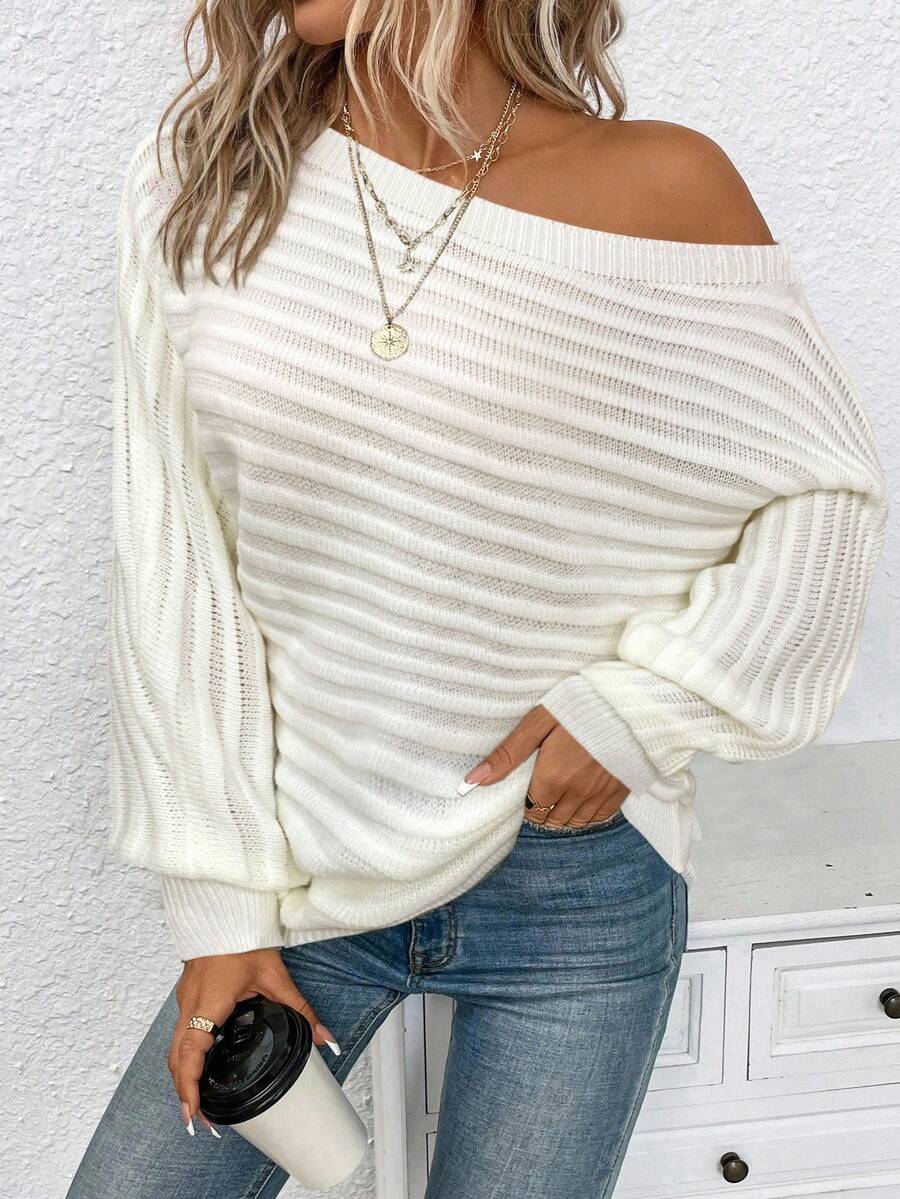 SHEIN LUNE Áo len dài tay lệch vai tối giản thường ngày cỡ lớn dành cho nữ, mùa thu/đông - trắng - Xem 1