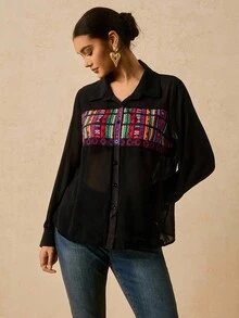 SHEIN VCAY Plus Size Women's Black Chiffon Blouse,Boho Print Long Sleeve Shirt For Autumn Summer,Dinner Tops,Fall Clothes Blouses For Women New - Black - View 3