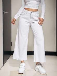 SHEIN PETITE Women's Pocketed Wide Leg Loose Casual 7/8 Length Jeans - White - View 1