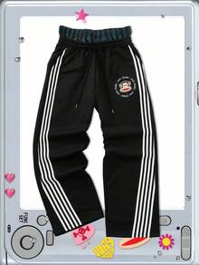 ROMWE MEN Paul Frank X ROMWE Men KPOP Cartoon Pattern Pants, American Street Style Design, Striped Waistband Patchwork Print Sweatpants, Fall - Black - View 7