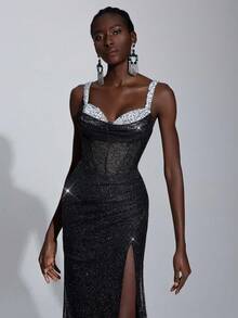 Elitara Elegant Luxurious Beaded & Sequin Splice Elastic Mesh Ruffle Collar Slit Fishtail Skirt, Suitable For Wedding, Party, Vacation, Ball, Evening Gown (Heavy-Duty)