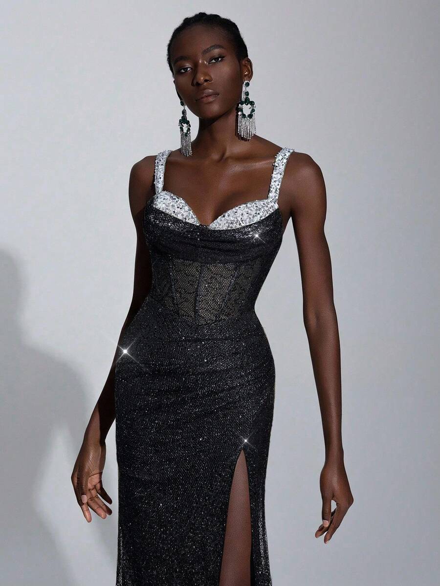 Elitara Elegant Luxurious Beaded & Sequin Splice Elastic Mesh Ruffle Collar Slit Fishtail Skirt, Suitable For Wedding, Party, Vacation, Ball, Evening Gown (Heavy-Duty)