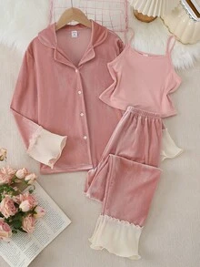 3 件套女童彩色开衫、荷叶边袖上衣和裤子睡衣套装（含吊带背心） - 粉色 - 查看 5