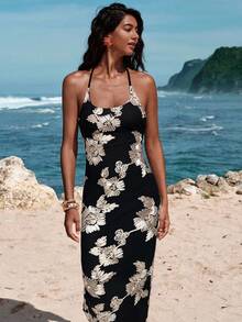 Opulessa 性感纯色露背系带花卉印花连衣裙 - 黑色 - 查看 6
