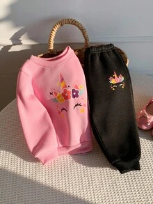 Bộ 2 quần dài thể thao và áo nỉ cổ tròn in họa tiết ngựa hồng cho bé gái, thoải mái, dễ thương, lót lông, mặc mùa thu/đông - Hồng - Xem 5