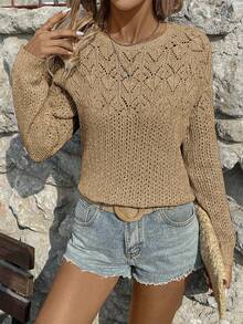 EMERY ROSE Suéter de punto casual de mujer con diseño calado y unicolor, otoño