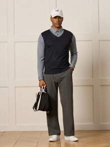 Manfinity Mode 男士条纹长袖休闲毛衣衬衫领商务休闲马甲男，秋冬 - 藏蓝色 - 查看 4