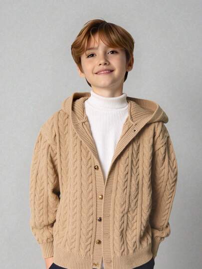 SHEIN 1 Piece Tween Boy Casual Sports College Literary Retro Hooded Sweater Cardigan With Twist Design Suitable For Kids Outfits Toddler Boy Clothes Back To School Boys Set Suitable For Birthday Parties, Evening Parties, Performances, Weddings, Baptisms, Opening Ceremonies Daily Suitable For Daily Use Suitable For School Suitable For Travel Suitable For Sports Suitable For Autumn And Winter Seasons Fall
