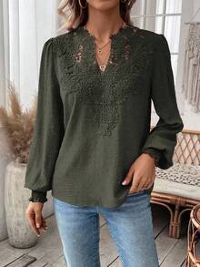 EMERY ROSE Women's Embroidered Collar Decor Lantern Sleeve Long Sleeve Elegant Formal Casual Blouse Fall Cloth For Women - Army Green - View 4