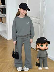 年轻女孩休闲日常通勤运动风格字母刺绣落肩宽松运动衫和直筒运动裤套装，秋季/春季 - 深灰色 - 查看 2
