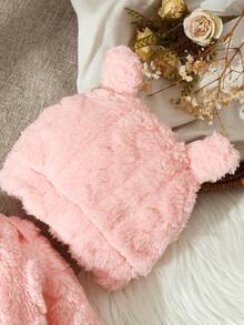 SHEIN Vintaside Kids 新生儿男女通用休闲日常可爱几何图案抓绒连体衣，带帽子，适合外出，秋冬季 - 藕粉色 - 查看 4