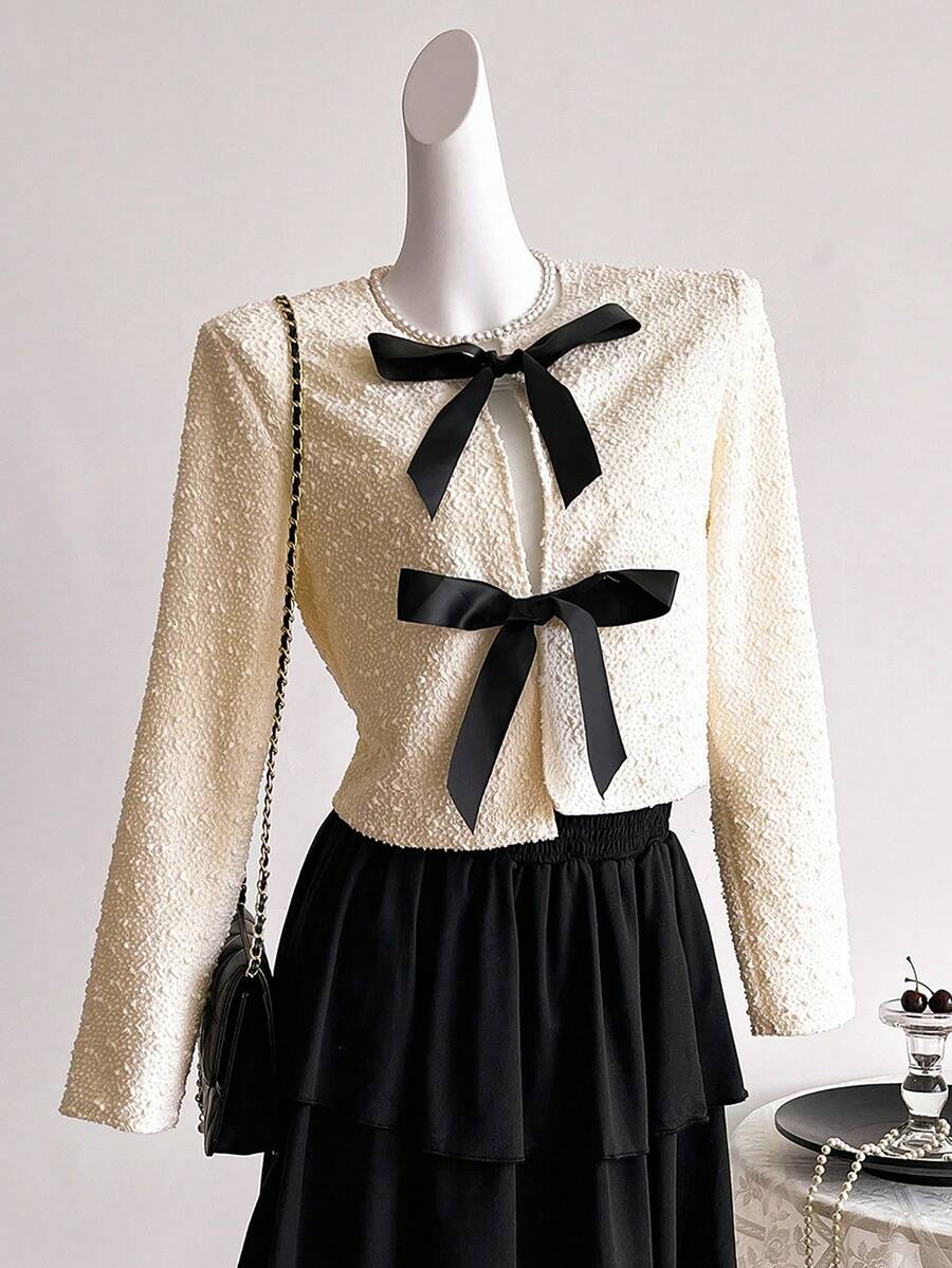 SHEIN Sweetra Young Teen Girl Casual Bowknot Tie Jacket, Suitable For Spring Autumn