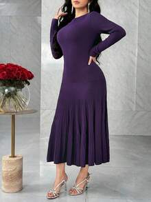 Feyla Women's Solid Color Round Neck Long Sleeve Fishtail Hem Fitted Elegant Knit Dress, Autumn - Purple - View 5