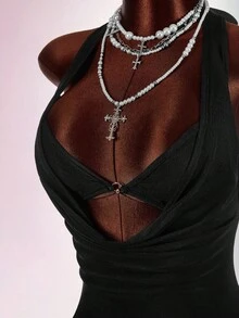 Amplova 女式性感露背系带紧身迷你连衣裙，带荷叶边下摆装饰 - 黑色 - 查看 4