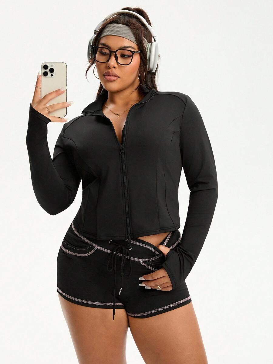 SHEIN Sports Chaqueta deportiva versátil y de moda para mujer de talla grande para correr y hacer ejercicio al aire libre - Negro - Ver 1