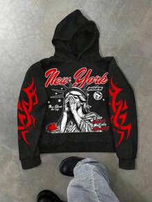 Manfinity Roghcode Manfinity Streetrush 男士字母数字 09 雕像图案印花休闲简约连帽衫，美式街头风格设计套头卫衣，纽约连帽衫，印花连帽衫街头服饰，黑色印花连帽衫，秋季长袖上衣