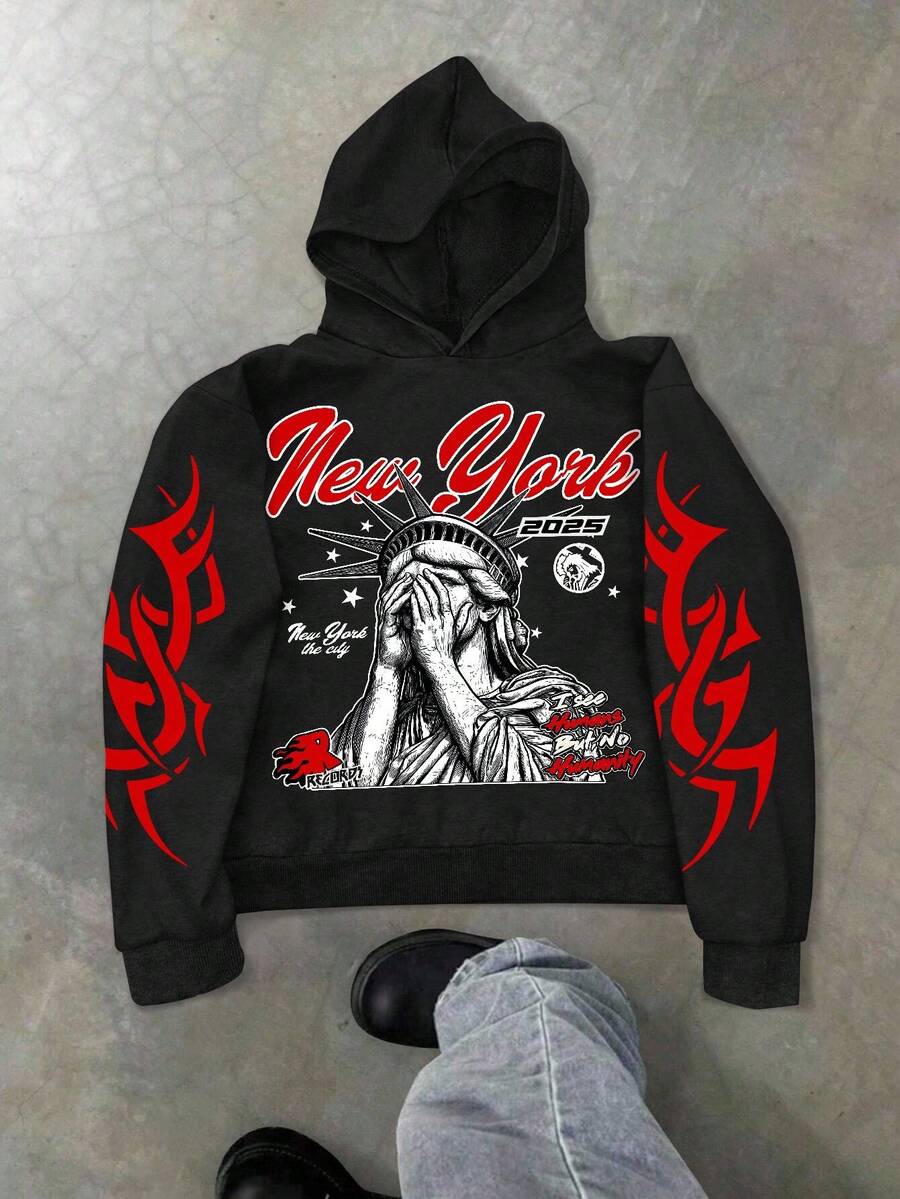 Manfinity Roghcode Manfinity Streetrush 男士字母数字 09 雕像图案印花休闲简约连帽衫，美式街头风格设计套头卫衣，纽约连帽衫，印花连帽衫街头服饰，黑色印花连帽衫，秋季长袖上衣