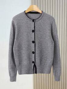 Franclia Women Blogger-Style Colorblock Loose Fit Crew Neck Sweater Jacket,Gray,Fall Winter,Casual,Office,Back-To-School Button Up Thin Cardigan European Cloth - Light Grey - View 5