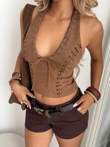Aloruh Bohemian Deep V-Neck Lace-Up Suede Blouse Sexy - Brown - View 6