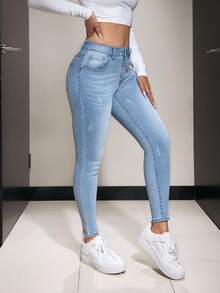 SHEIN PETITE 女式休闲日常水洗斜口袋紧身牛仔裤 - 淺色水洗藍 - 查看 4