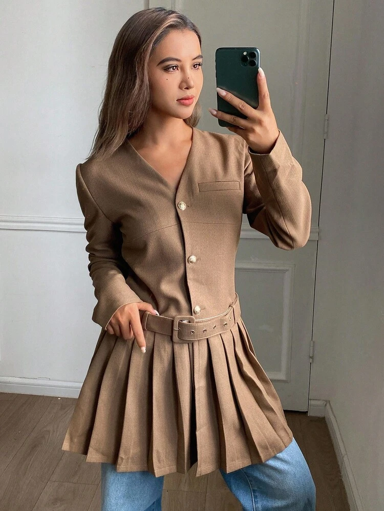 Women's Solid Color Fitted Pleated Skirt V-Neck Long Sleeve Belted Casual Elegant Jacket, Autumn/Winter Women Coats