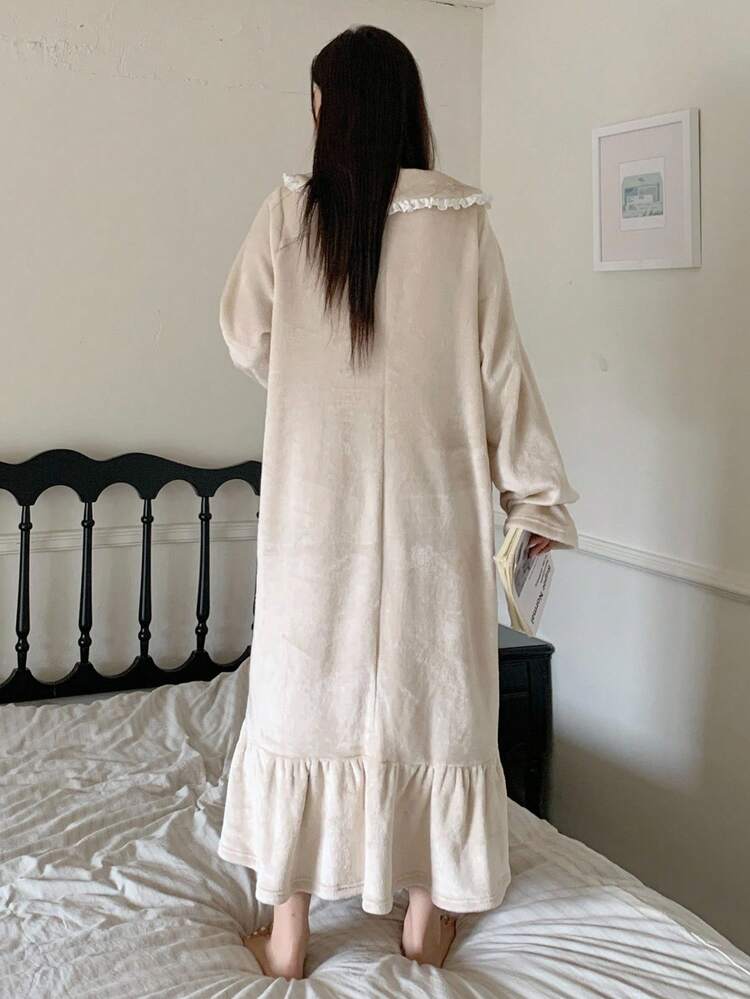 Dazy Plus Thermal Lined Loose Dolman Sleeve Maxi Fluffy Nightgown, Plus Size Women Sleepwear, Fall Winter, Cozy, Moo Moo Night Dress