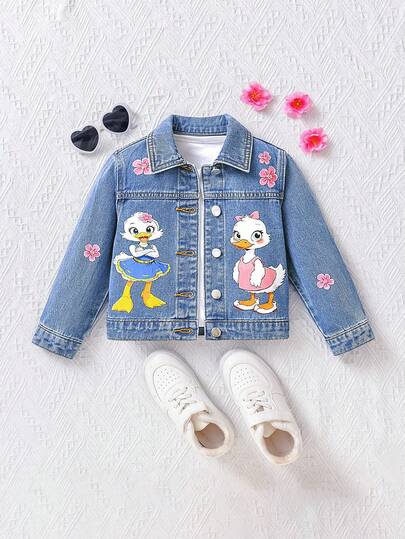 年轻女孩可爱户外甜美卡通图案水洗浅蓝色动物印花刺绣鸭绒花饰牛仔夹克