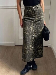 DAZY Women's Loose Fit Leopard Print Denim Skirt, Autumn - Brown - View 1