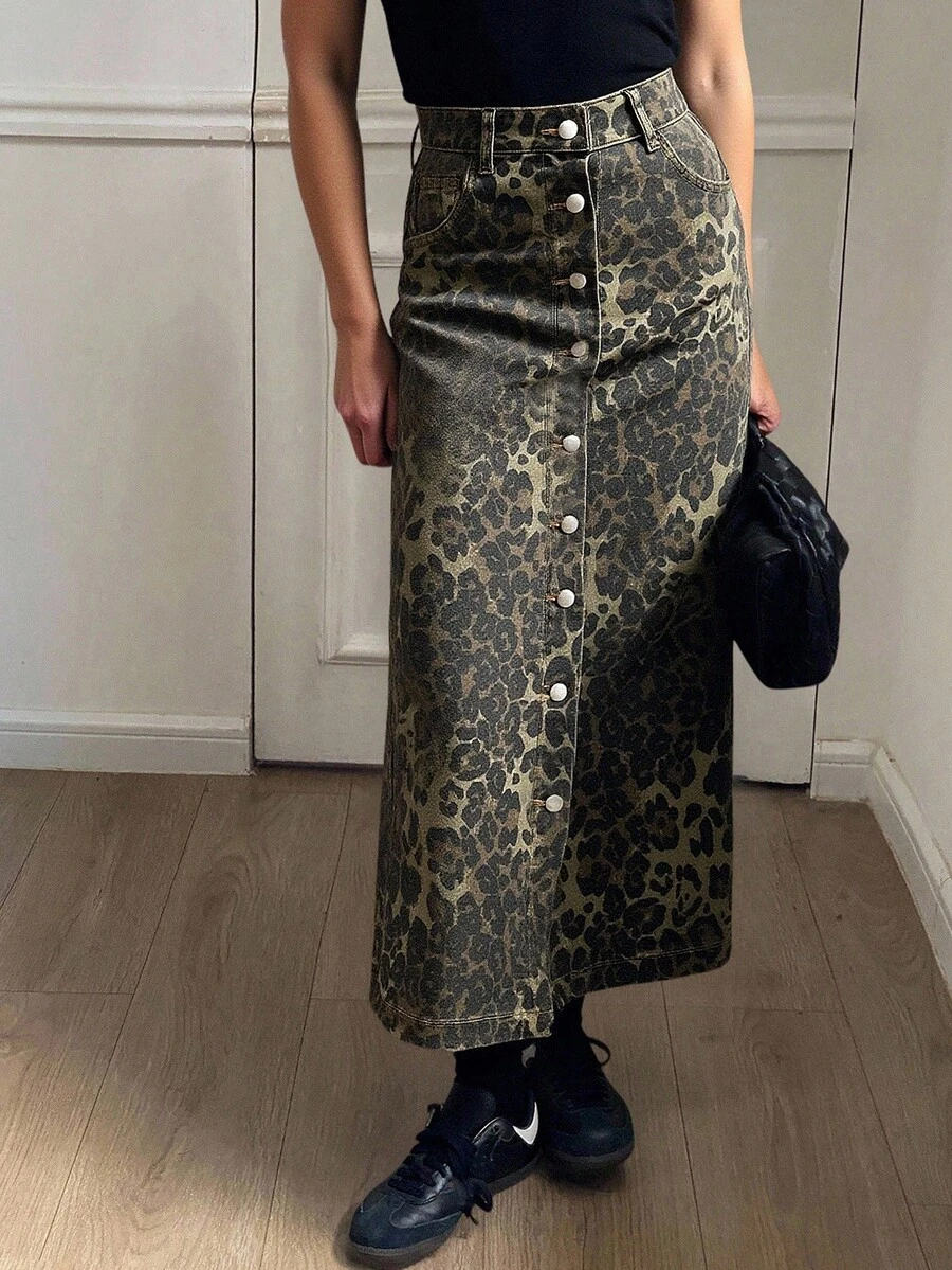 DAZY Women's Loose Fit Leopard Print Denim Skirt, Autumn - Brown - View 1