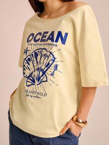 CAJUNI T-shirt ample à manches courtes asymétrique pour femmes en vacances avec imprimés de coquillages, d'étoiles de mer et d'hippocampes. Polyvalent pour l'été