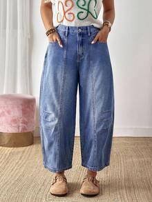 EMERY ROSE 女式度假休闲破洞喇叭牛仔裤 - 藍色 - 查看 3