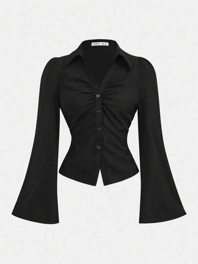 Girlism Teen Girl V-Collar Ruffle Flared Sleeve Blouse, Waist Cinched , Black Long Sleeve Shirt, Witchy ,Button Down Blouse, Concert, Airport, New Year, Valentine Black Button Up Shirt Bell Sleeve Blouse Formal Fall Winter