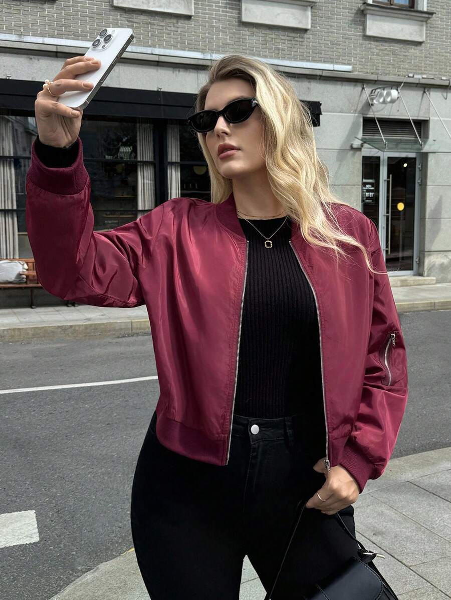 Auralis Chaqueta de motocicleta de estilo sencillo de color rojo vino, de uso diario, cómoda y holgada, de moda casual para mujer de talla grande, para primavera y otoño, abrigos de invierno, estilo de calle - Rojo - Ver 1