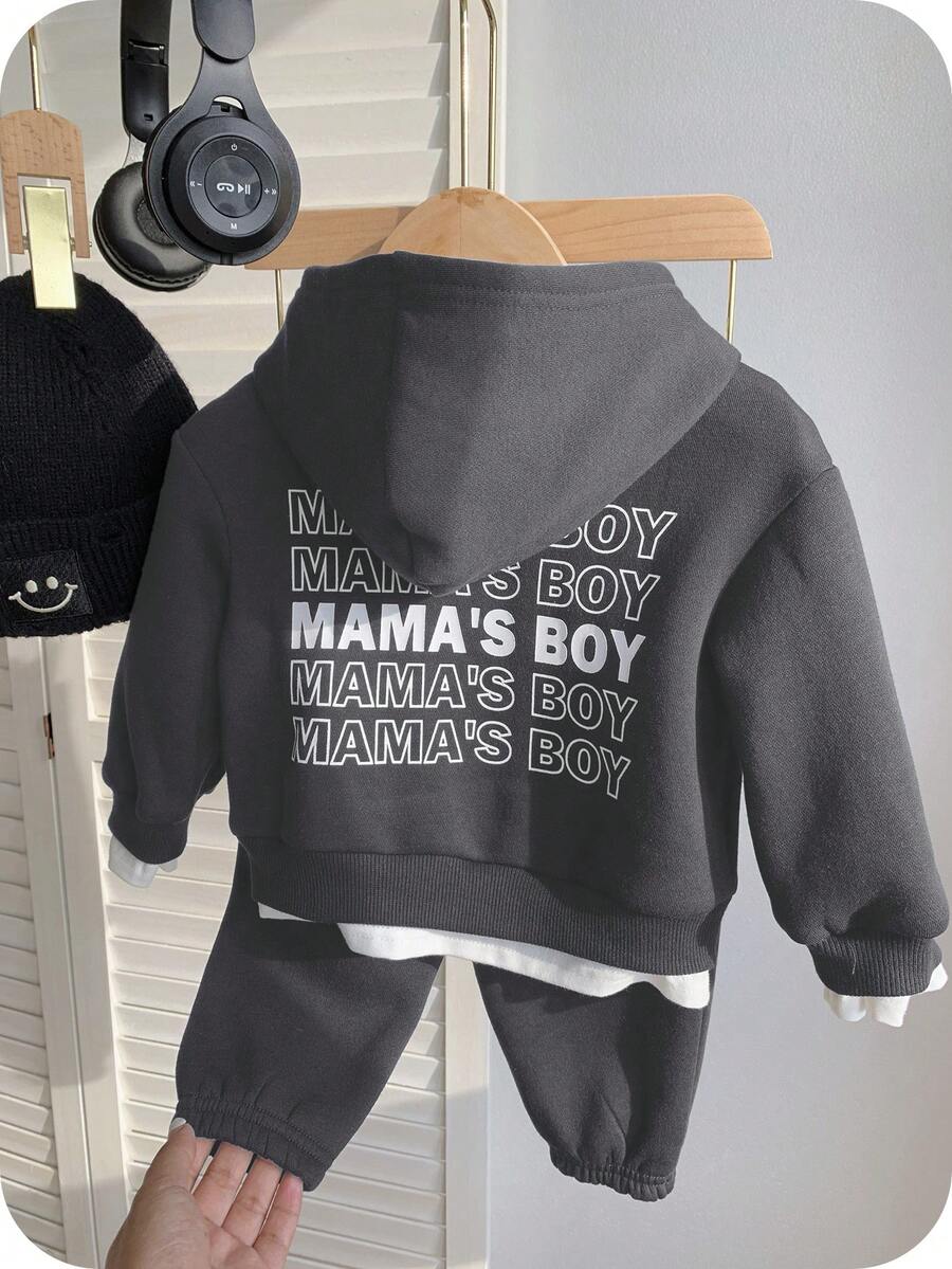 SHEIN Leap Crew 2 件套男婴套装：宽松字母印花套头连帽衫 + 宽松休闲裤，百搭简约设计，适合学校、居家、外出。保暖内衬，加厚，适合秋冬季 - 深灰色 - 查看 1