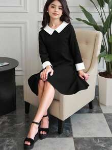 SHEIN Elladie kids Tween Girl Contrast Collar Keyhole Back Contrast Binding Dress - Black - View 8