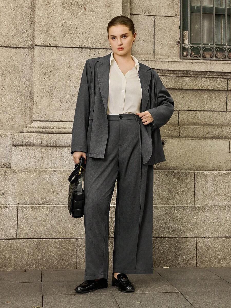 Calvaya Bộ vest 2 món thanh lịch, giản dị, tay dài và quần dài cỡ lớn - Xám - Xem 1