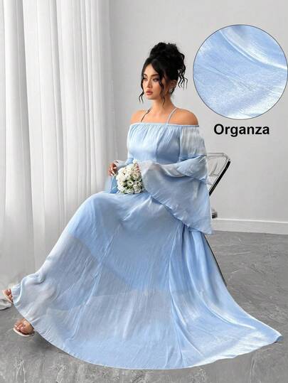 Elenzga 大码优雅露肩双层荷叶边袖多层连衣裙，光泽面料
