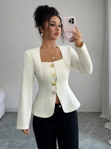 SHEIN Unity 女士优雅通勤法式金属纽扣夹克 - 杏色 - 查看 4